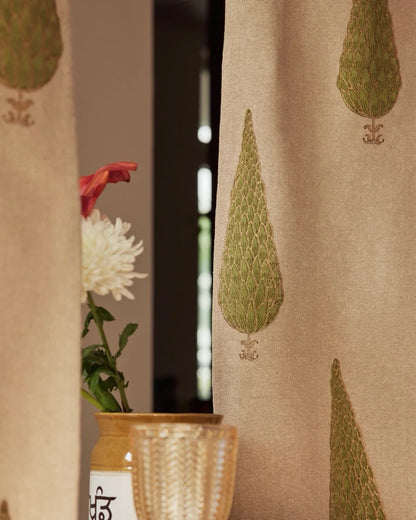 Beige & Green Hand Block Printed Linen Curtains | Cypress Tree Design