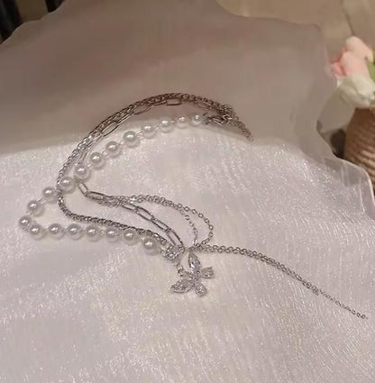 Women's Stylish Butterfly Rhinestone Pearl Necklace