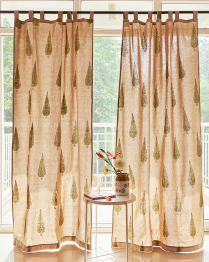 Beige & Green Hand Block Printed Linen Curtains | Cypress Tree Design