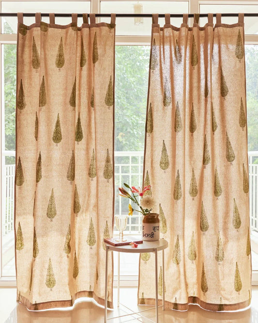 Beige & Green Hand Block Printed Linen Curtains | Cypress Tree Design
