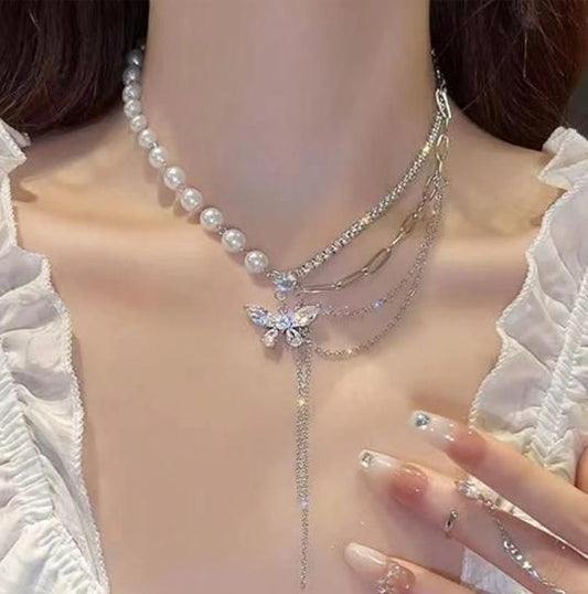 Women's Stylish Butterfly Rhinestone Pearl Necklace