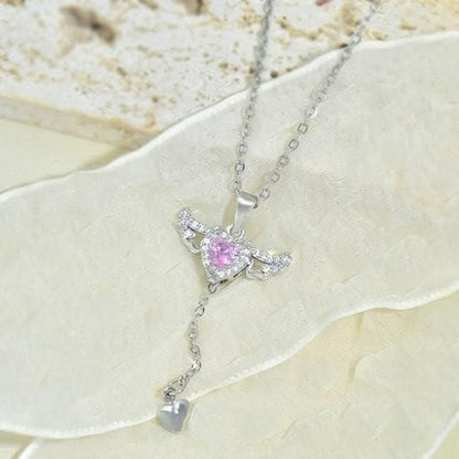 Silver Plated Chain With Heart Angel Wings Pendant