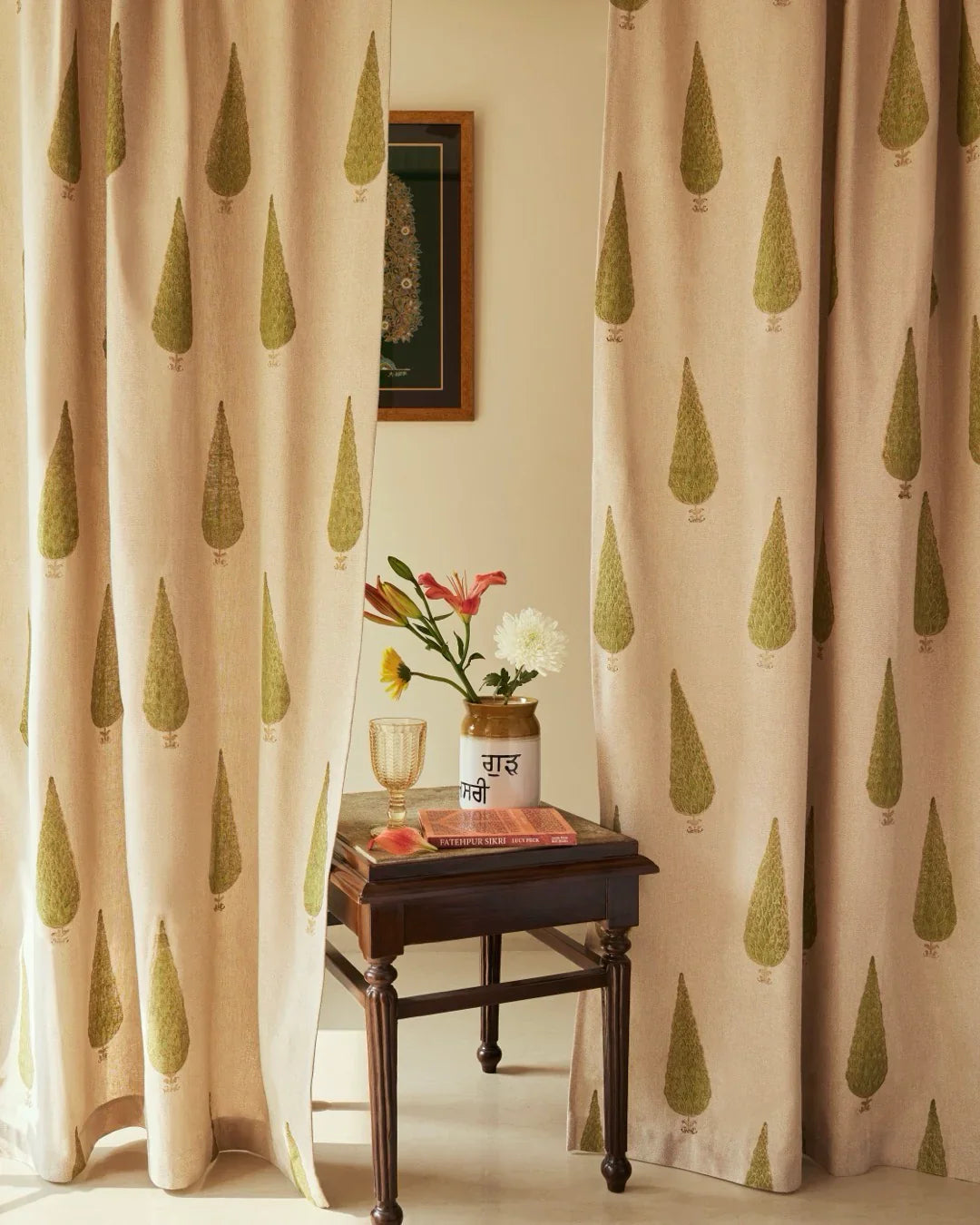 Beige & Green Hand Block Printed Linen Curtains | Cypress Tree Design