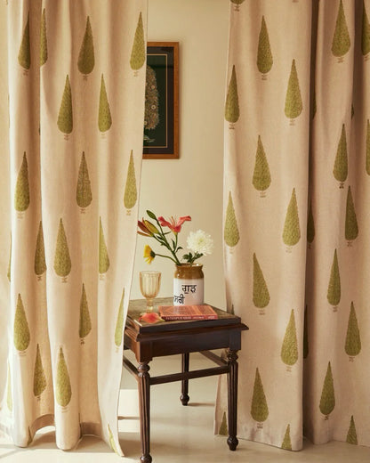 Beige & Green Hand Block Printed Linen Curtains | Cypress Tree Design