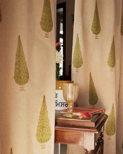 Beige & Green Hand Block Printed Linen Curtains | Cypress Tree Design